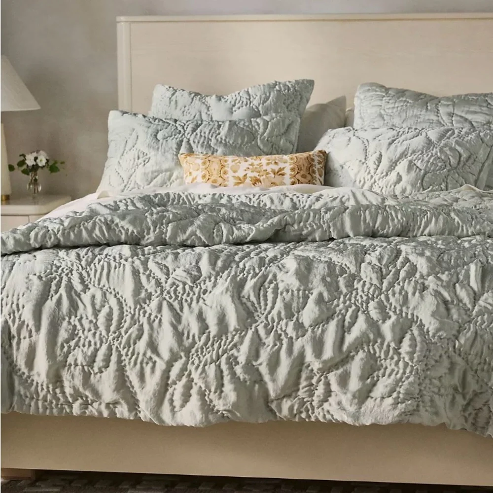 NEW Anthropologie Silky Floral Stitched Quilt, Queen, Pale Sage